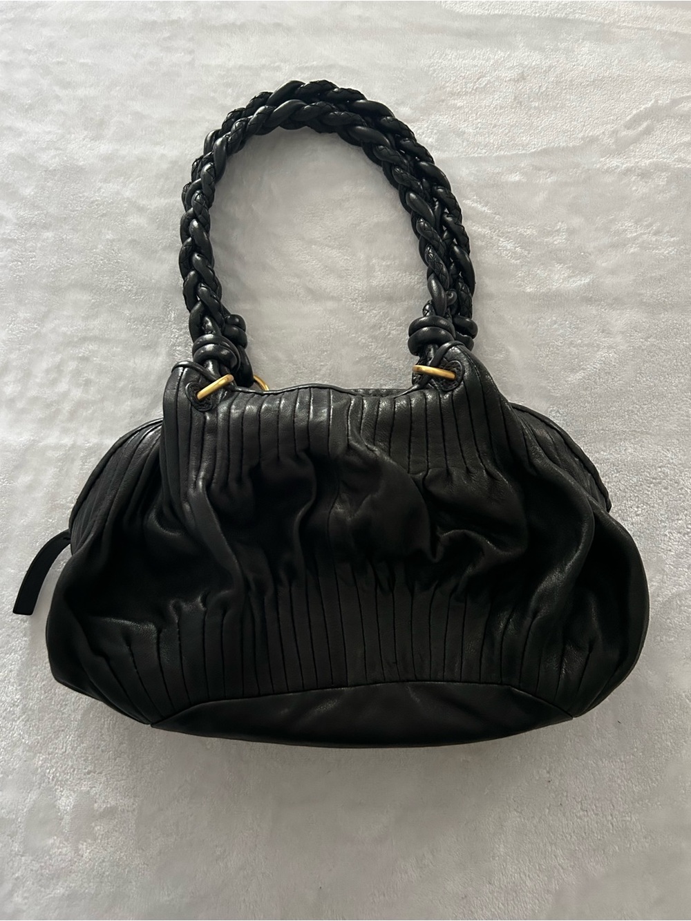 Vintage David & Scotti Black Plissé Ruched Leather Braided Strap Hobo Bag